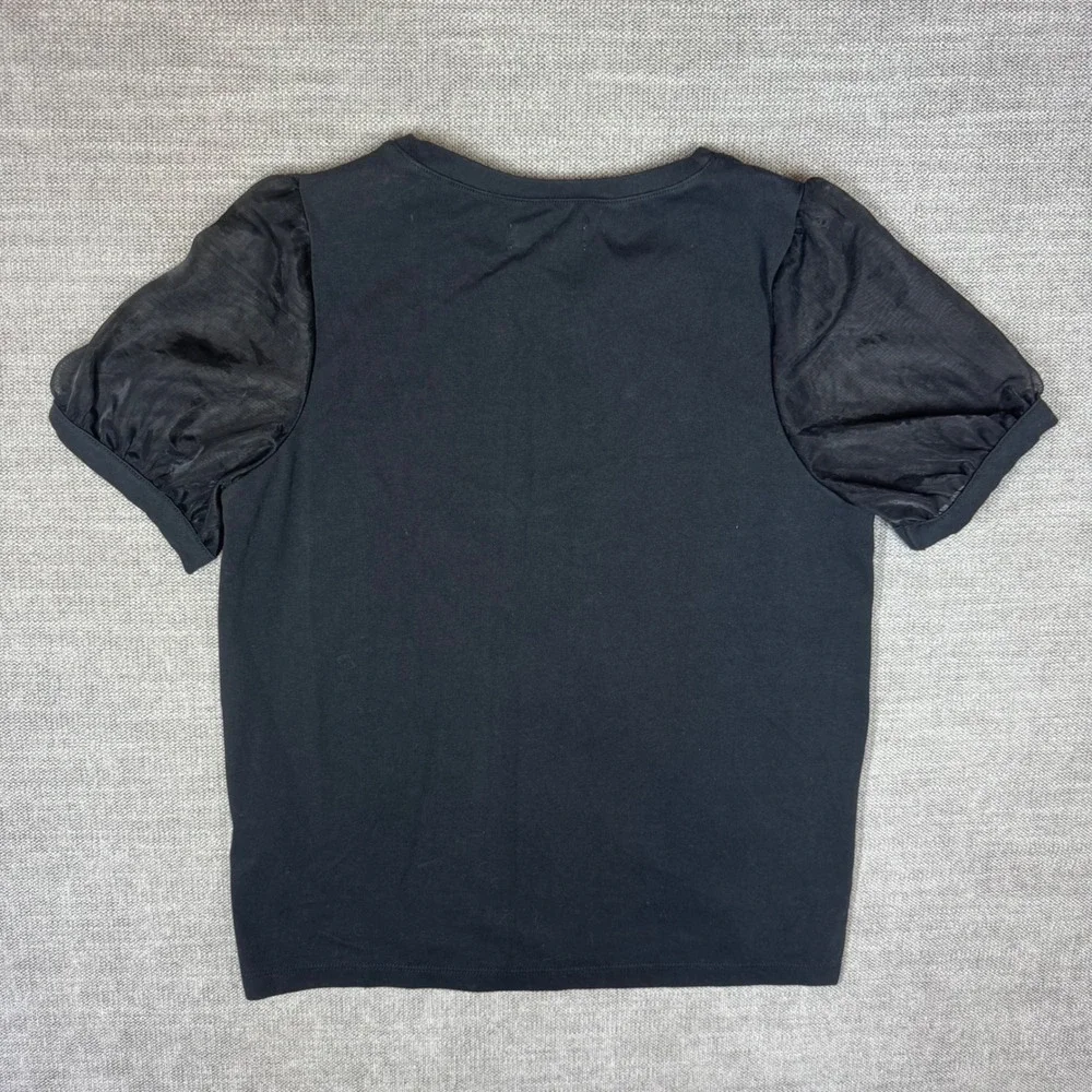 Madewell Black Sheer Mesh Puff Sleeve‎ Knit Top Crew Neck Small